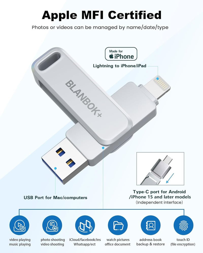 BLANBOK+ محرك فلاش معتمد من MFi بسعة 256 جيجابايت لجهاز آيفون، عصا صور USB، محرك فلاش عالي السرعة لجهاز آيفون، تخزين ذاكرة خارجي، عصا USB لجهاز آيفون/آيباد/أندرويد/كمبيوتر (فضي معدني) - Image 2